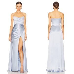 SAU LEE Pasha Rhinestone Embellished Ruched One Shoulder Blue Maxi Dress Sz 4